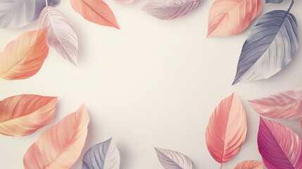 Fototapeta premium Colorful autumn leaves arranged in a decorative frame on a soft background, creating a warm, inviting atmosphere for seasonal themes.