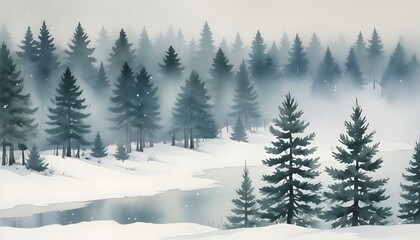 Delicate Watercolor Winter Landscapes Featuring Blurred Snowflakes and Pine Trees