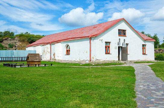 he building of the new arsenal in the courtyard of the Korela fortress in Priozersk, on a sunny summer day.