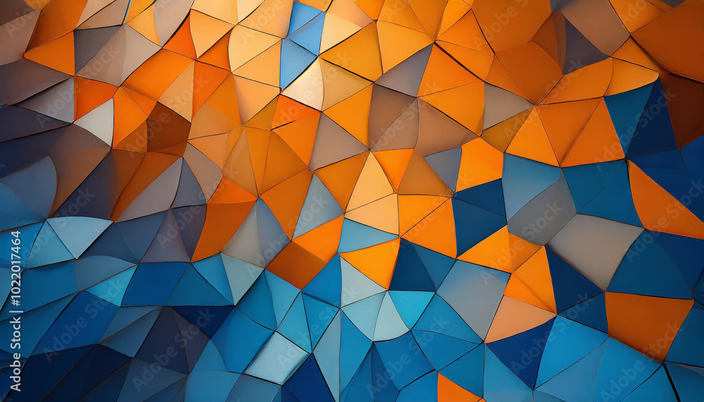 Poster vibrant geometric abstraction showcasing a mix of blue and orange triangular patterns on a textured 