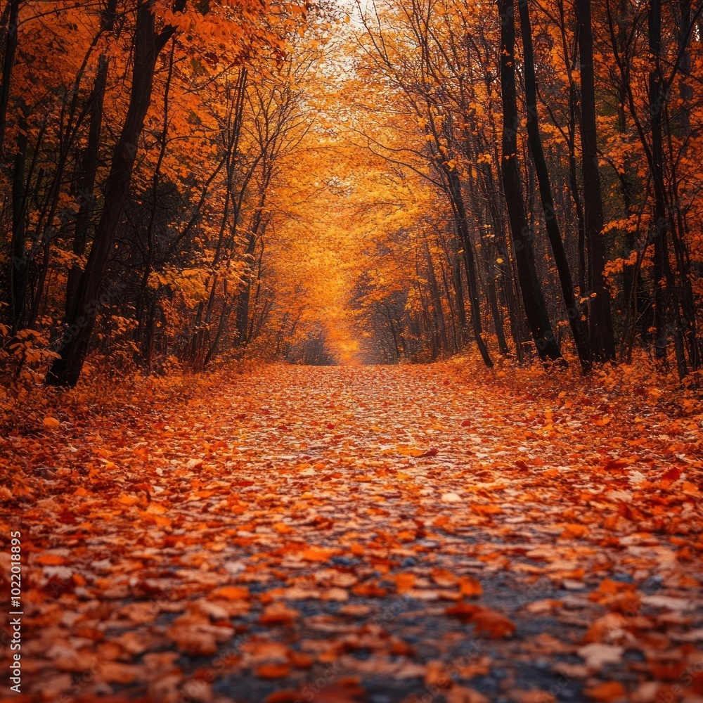 Poster a path through a forest with fallen leaves in autumn.