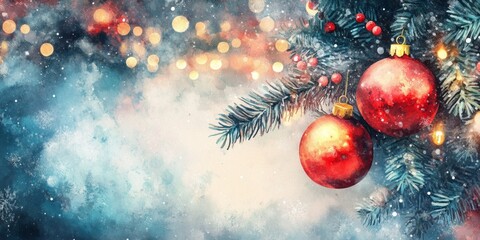 A beautiful Christmas scene with vibrant red ornaments hanging from a pine branch. The background features soft bokeh lights creating a festive atmosphere. Perfect for holiday themes. AI