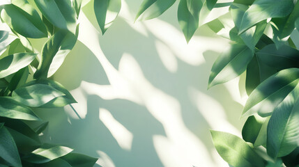 Vibrant green leaves frame a soft pastel backdrop, creating a serene and inviting atmosphere perfect for nature-inspired designs.