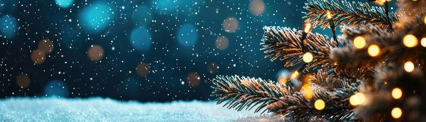 Christmas Background, Snowy scene with Christmas tree and glowing lights, festive atmosphere.