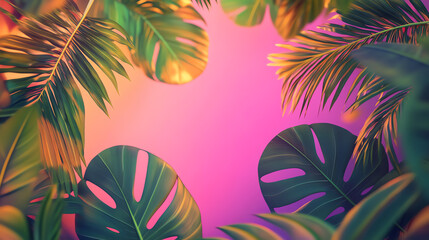 Vibrant tropical leaves frame a soft pink background, creating a lively and inviting atmosphere perfect for nature-themed designs.