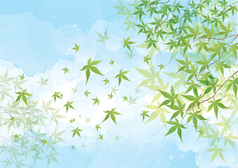 青もみじと青空の水彩背景