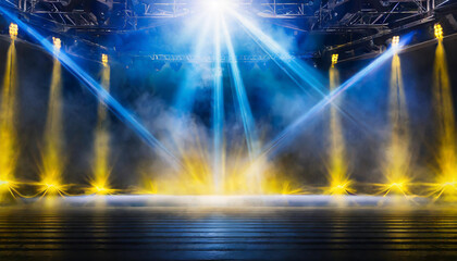Bright stage lights illuminate a performance area in preparation for an evening of entertainment and creativity