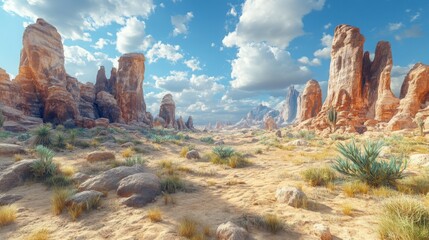 A stunning desert scene with towering red rock formations, sandy terrain, and sparse desert vegetation under a bright blue sky filled with clouds