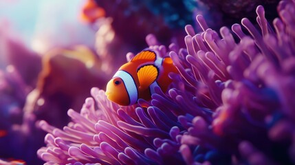 Vibrant Clownfish Swimming Amidst Anemones in Coral Reef