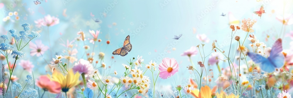 Poster a vibrant meadow is alive with a variety of flowers and butterflies gracefully dancing in the warm s