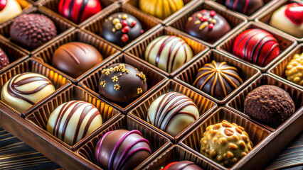 Luxurious chocolate box with assorted pralines, indulgent mood and gourmet presentation