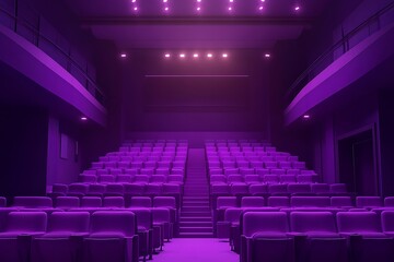 Obraz premium Empty purple movie theater with rows of seats and a screen, perfect for cinema or entertainment concept