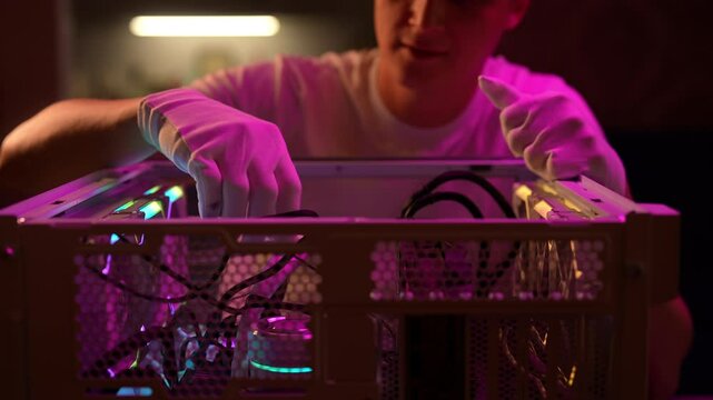 Computer technician wearing white gloves assembling water cooling system inside computer case illuminated by neon lights. Futuristic water cooling system keeping temperature of computer, slow motion.