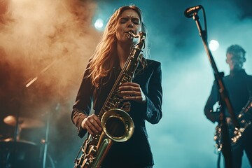 woman playing saxophone on stage with bright concert lighting and smoke