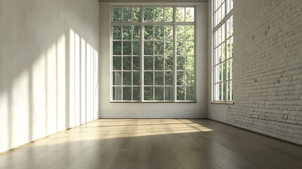Fototapeta premium Minimalist white room with large window and sunlight streaming through