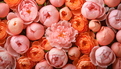 A vibrant bouquet of pink and orange peonies in full bloom. The petals are detailed and lifelike, showcasing the beauty of these classic flowers. Generative AI.