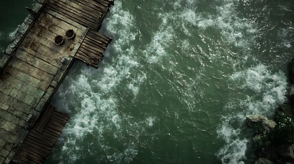 Aerial View of Waves Crashing Against a Pier