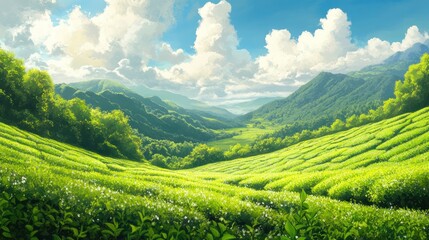 Fototapeta premium A picturesque panorama of rolling green hills, lush vegetation, and a vibrant blue sky with puffy clouds.