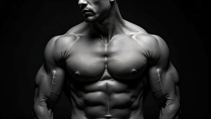 Naklejka premium Close-up of black and white portrait of athletic muscular body with strong chest and abs. Sport, lifestyle
