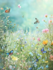 Colorful flowers bloom abundantly in the meadow as butterflies flit joyfully around, creating a lively and enchanting atmosphere. Generative AI