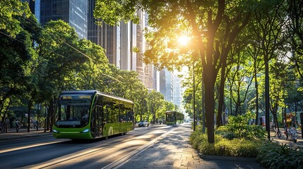 A vibrant city scene showing a green bus passing through a lush street lined with trees, illuminated by the warm glow of sunlight.