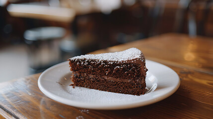 a slice of chocolate cake on a white plate. The cake appears to be dusted with powdered sugar, giving it a slightly frosted appearance