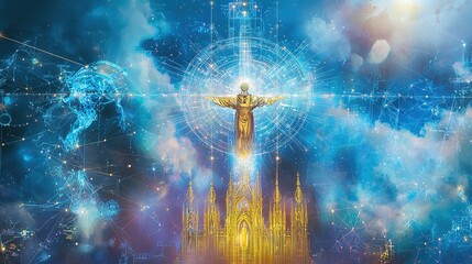 A radiant depiction of a golden figure amidst a cosmic backdrop, suggesting themes of divinity, spirituality, and transcendence.