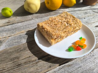 piece of traditional puff pastry on a white plate. High-quality photo