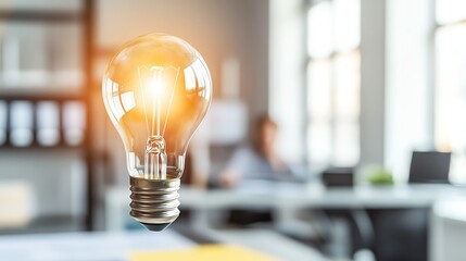 Close-up of a light bulb glowing in a modern office setting, symbolizing creativity, innovation, and bright ideas in a workplace environment.