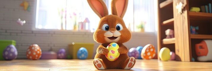 Obraz premium 3d animated cartoon of brown easter bunny 