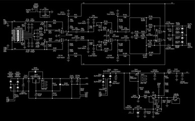 Schematic diagram of electronic device.
Vector technic computer drawing electrical circuit with 
capacitor, diode,
transistor, resistor, coil, operational amplifier
and other electronic components.