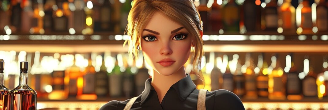 3d animated cartoon of female bartender