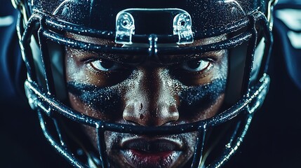 A powerful close-up of a football player in a helmet, showcasing determination and intensity with sweat glistening on his face.