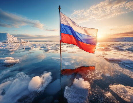 Drapeau Russe plant&eacute; dans la glace, banquise, oc&eacute;an, ciel bleu, joli paysage  