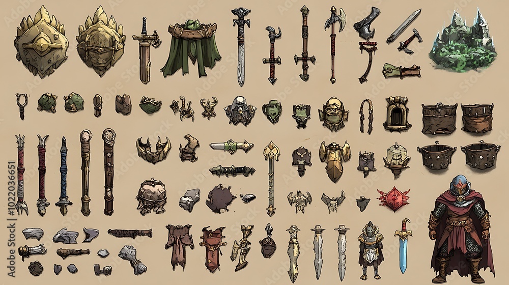 Poster Pixel art sprites for a game character with medieval weapons and armor