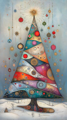 Christmas tree with ornament on grey background.