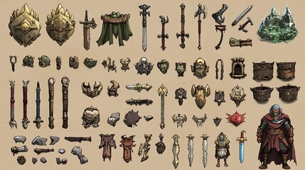 Pixel art sprites for a game character with medieval weapons and armor