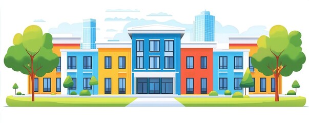 Community building flat design front view city animation vivid