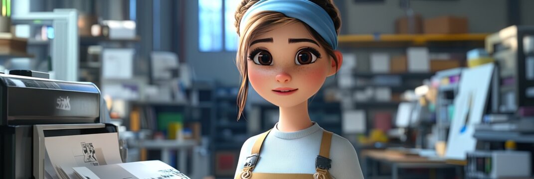 3d animated cartoon of female print shop worker 