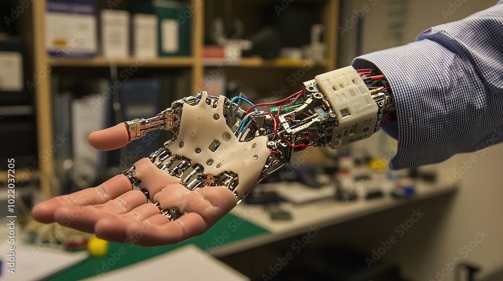 Poster a detailed, robotic hand is displayed, showcasing its intricate design and mechanical components, su