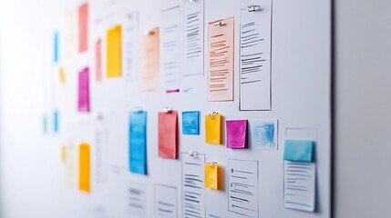 Organized whiteboard with colorful sticky notes and documents, ideal brainstorming, planning, project management, creative workspace.