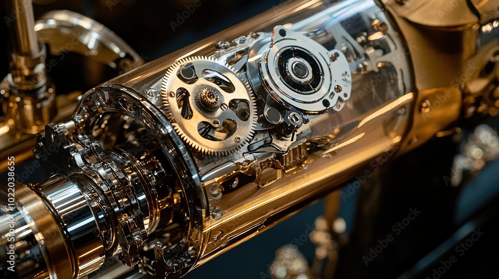 Poster a detailed, close-up view of a mechanical component, showcasing intricate gears and transparent casi