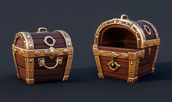 Wooden Treasure Chest with Gold Trim, Closed and Open 3D Model