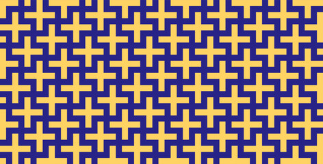 Seamless cross pattern. Navy blue background with yellow plus sign.
