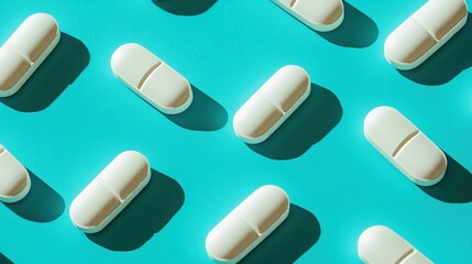 White Medication Capsules and Tablets on Vibrant Teal Background