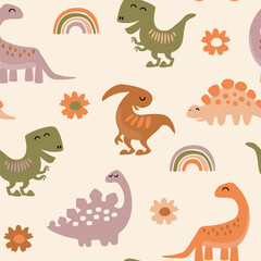 Adorable seamless pattern with dinosaurs and rainbows. Colorful background with cute dinosaurs for kids.