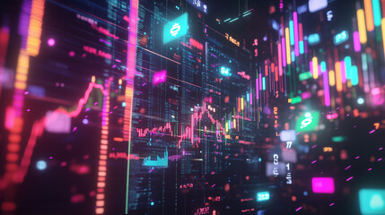 Obraz premium Futuristic 3D Stock Market Scene with Floating Graphs and Neon Data Streams, generative ai