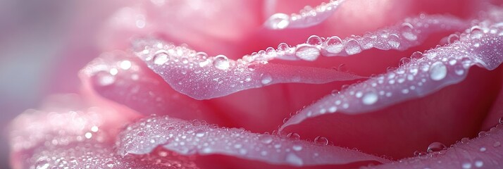 A close-up of a vibrant pink rose with morning dew on the petals, natural soft light,