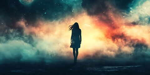 Woman Standing Alone in a Dramatic, Colorful, Starry Sky, Surreal Artwork