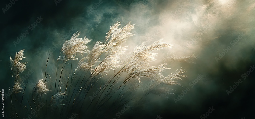 Poster sunrays breaking through a cloudy sky illuminate a field of feathery grasses.
